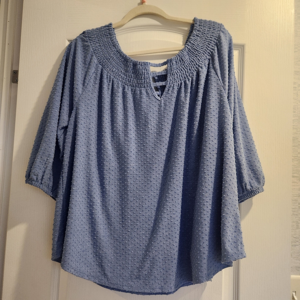 Cato Light Blue Smocked-Neck Textured Peasant Top XL Euc